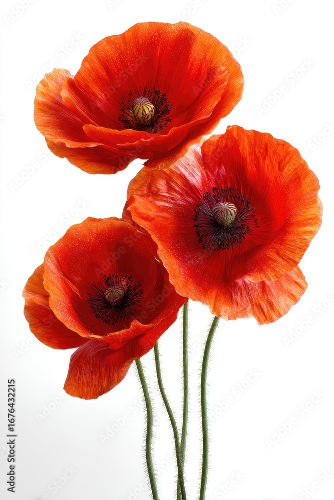 Naklejka premium Three vibrant red poppies on a white background (1)