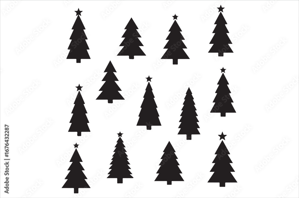 Obraz premium Tree silhouette vector bundle, black tree icons set, pine, oak, leafless and forest trees, nature illustration elements for design, bare and leafy trees, botanical, icon, Isolated, retro on white back