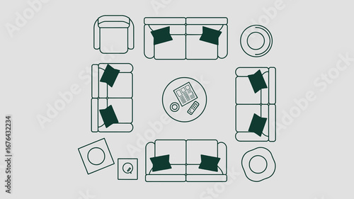 Modern living room layout plan featuring comfortable seating arrangement with sofas, armchair, coffee tables, and accent pillows for ultimate relaxation and style.