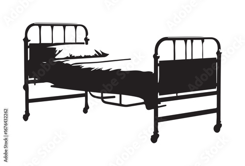 Silhouette of an Antique Iron Bed with Pillow and Bedding