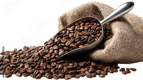Roasted coffee beans spilling from burlap sack with scoop isolated on transparent background.