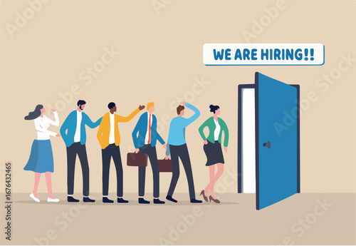 Hiring opportunity, apply new job, career candidate, interview applicant or employment, job seeker or talent search, diversity concept, business people applicant wait at hiring company office.