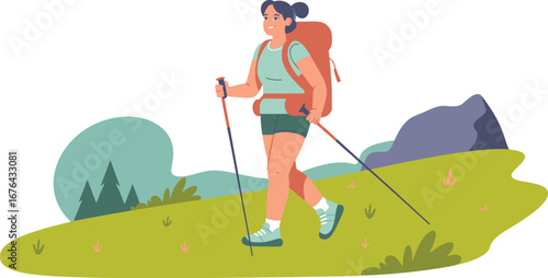 Woman hiking with backpack and poles in a scenic landscape