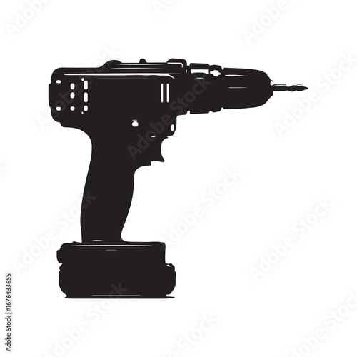 Silhouette of Cordless Drill with Battery and Drill Bit