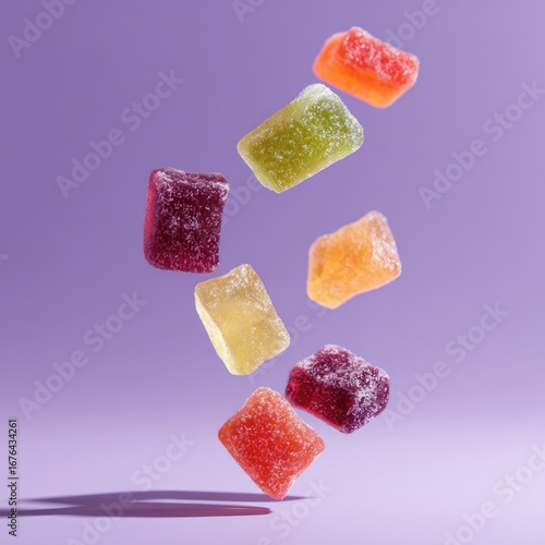Colorful, square, jelly candies in mid-air against a purple backdrop