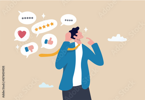 Listening to feedback, criticize message, customer advice or hearing client response, communication or answer, seek feedback concept, businessman listen to customer social media feedback expression.