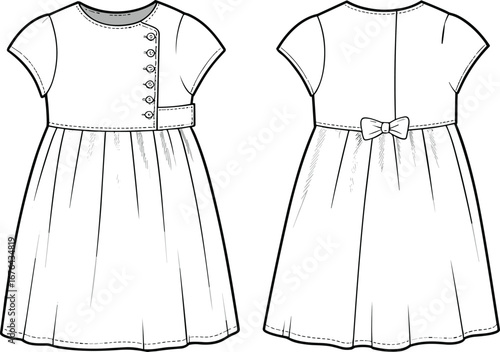 Girls party dress, front back technical sketch, pleated kids outfit, fashion cad vector, children’s wear flat sketch template