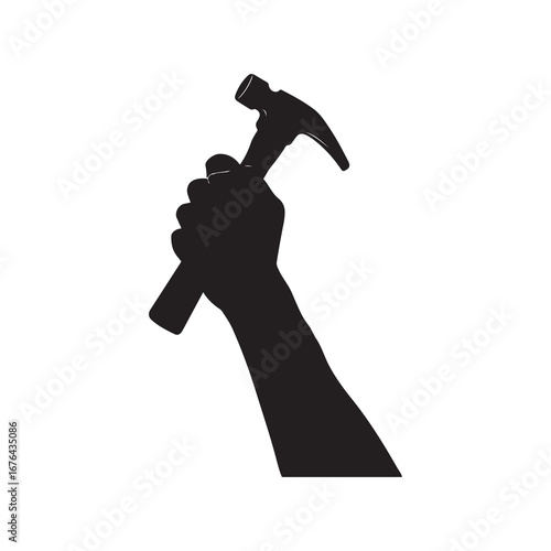 Silhouette of Hand Holding Hammer Tool Isolated on White Background