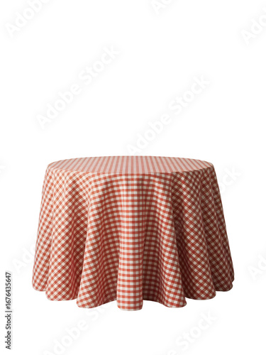 Round table with a classic red and white checkered gingham tablecloth isolated on a clean white background, perfect for picnics or dining concepts