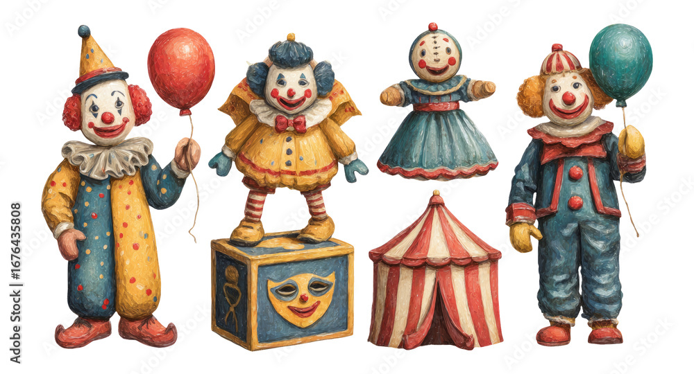 Fototapeta premium Colorful Vintage Clown Figurines Holding Balloons Isolated on Transparent Background