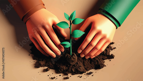 Vibrant illustration of hands planting a young green sprout in soil, symbolizing growth and care. Ideal for environmental, gardening, and sustainability themes.