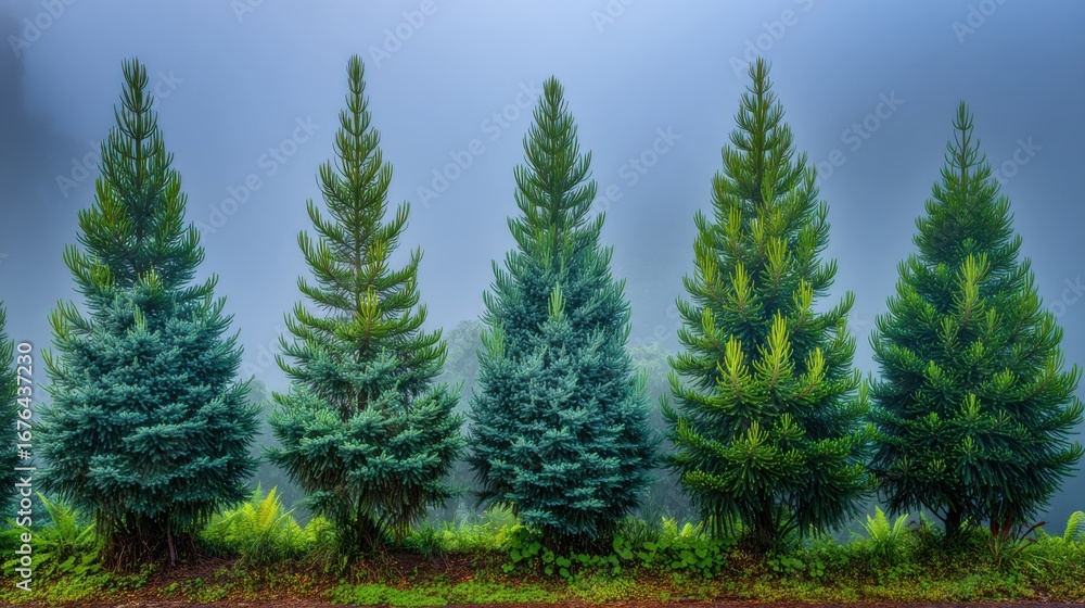 Obraz premium Serene evergreen forest mountain area nature photography misty environment lush greenery tranquility concept
