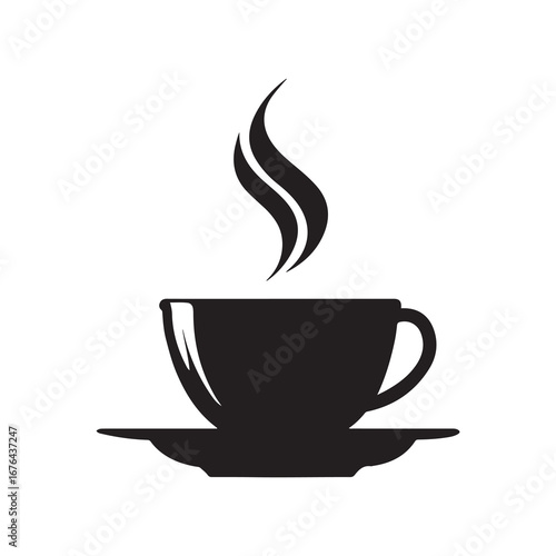 Silhouette of Steaming Coffee Cup on Saucer Against White Background