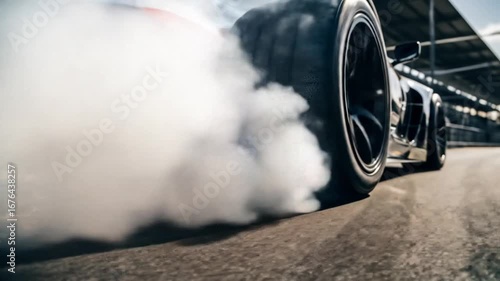 Close-up of a car tire burning rubber on a racetrack, with smoke and sparks flying in the background