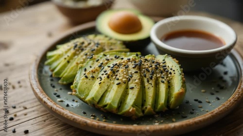 Avocado slices sprinkled with black sesame seeds served on a ceramic plate with half an avocado and a small bowl of fresh green fruit sauce, a healthy snack, a rich-tasting appetizer. 4k video