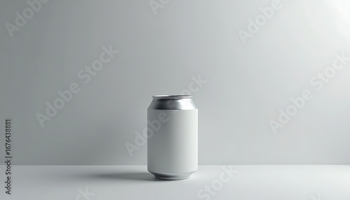 Aluminum Can with White Label on Gray Minimalist Background