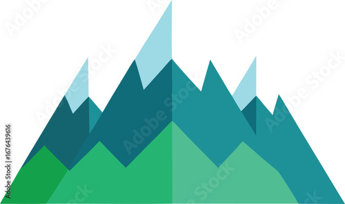 Vector art of stylized geometric mountain range with green hills and blue peaks