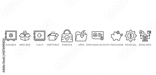 open banking icon vector illustration concept with icon of safe box, open box, vault, empty box, padlock ,open, open bank account, piggy bank, financial, and bank open




 




