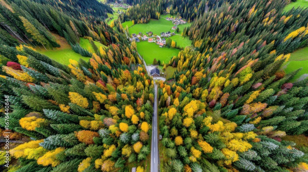 Fototapeta premium Autumn landscape overhead view of vibrant forests and villages in switzerland nature photography serene environment