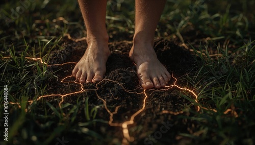 Person standing barefoot on cracked earth
