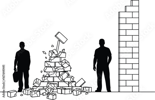 Breaking down walls overcoming obstacles business success concept