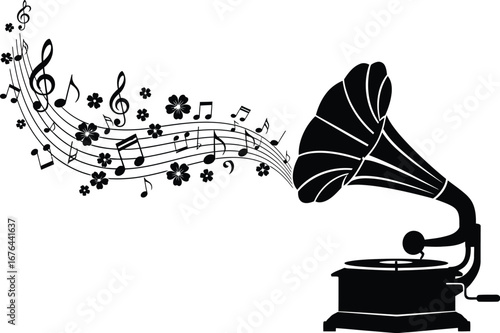 Vintage gramophone music notes vector illustration in black and white