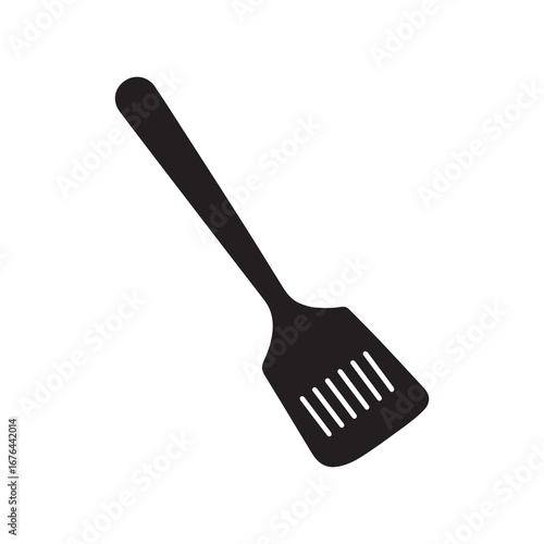 Simple Black Slotted Spatula Icon Against White Background, Kitchen Utensil