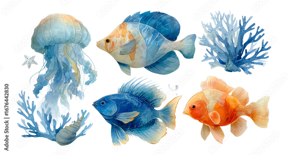 Naklejka premium Colorful Marine Creatures and Coral Illustration on Transparent Background