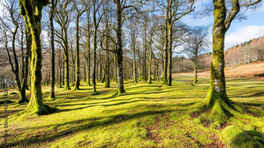 Obraz premium Tranquil forest walk serene nature scene landscape photography lush green environment wide angle view peaceful atmosphere