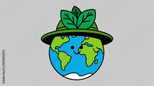 Interesting environmental protection theme, cartoon illustration style, the earth wearing a green leaf 