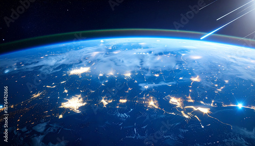 Night lights on Earth: A breathtaking view of planet Earth from space at night, showcasing the captivating glow of city lights against the vast, dark expanse of the cosmos.