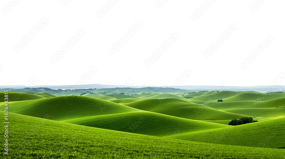 Obraz premium Surreal and minimalist landscape of vibrant, undulating green hills stretching across a serene countryside under a clean white sky