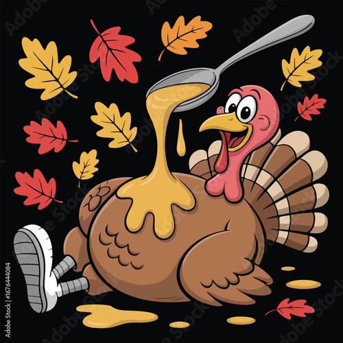 Relaxed turkey character gets gravy poured as autumn leaves surround with transparent background