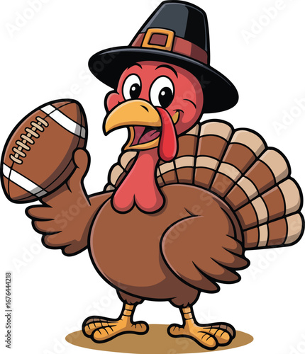 Playful turkey cartoon wearing pilgrim hat is holding an American football on isolated backdrop