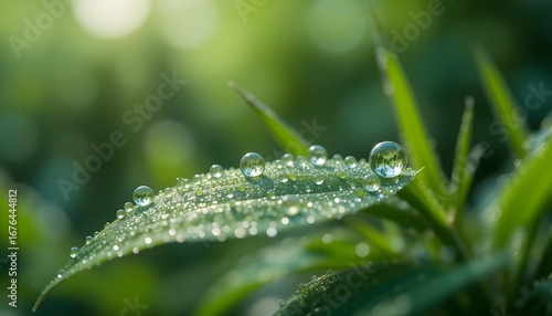 Realistic wallpaper showing delicate morning dew drops on fresh green leaves with sharp details and soft sunlight glimmer --ar 43