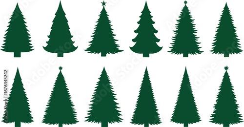 Collection of twelve stylized green christmas trees in a row