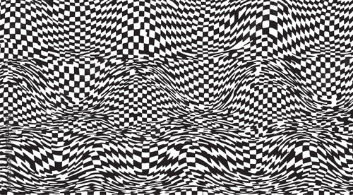 Abstract black and white checkerboard pattern with warped distorted waves