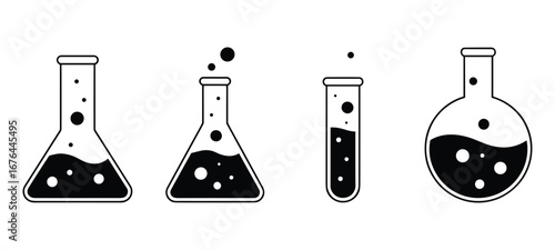 Black icons of four different laboratory flasks with liquid and bubbles science chemistry