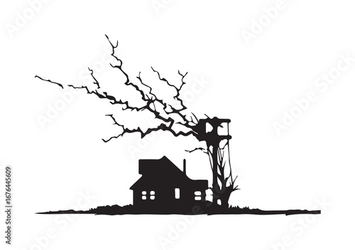 Spooky Silhouette Abandoned House With Tree and Water Tower on Horizon