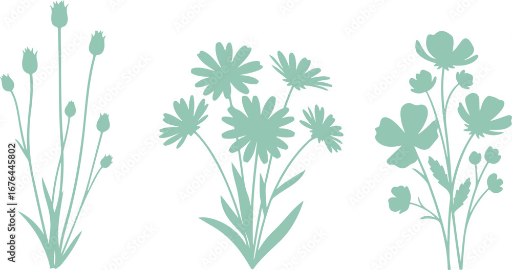 Fototapeta premium Three delicate teal floral silhouettes on a white background