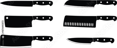 Collection of six black silhouette icons of various kitchen knives  knife cooking