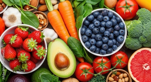 Fruits and vegetables arranged in a colorful and vibrant display showcasing a variety of fresh produce including strawberries, blueberries, avocado,