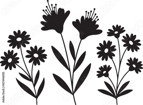 Three stylized floral silhouettes with delicate petals and stems