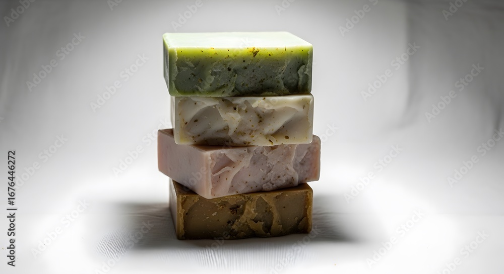 Fototapeta premium Stack of Organic Natural Handmade Soaps with Herbal Ingredients and Beautiful Textured Surfaces