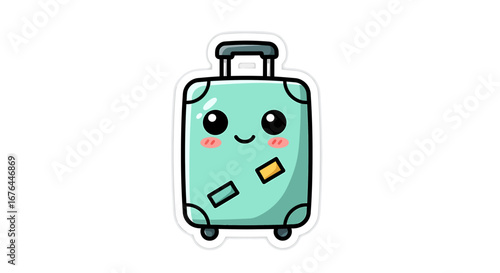 Cute cartoon suitcase with a happy face and wheels ready for travel adventures.