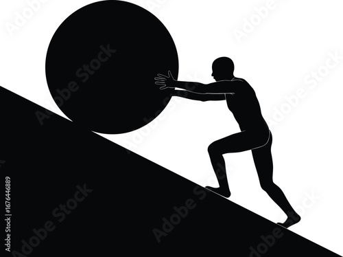 Silhouette of Man Pushing Large Sphere Up Steep Hill Against  ball boulder