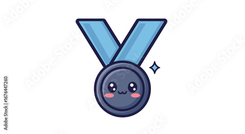 Adorable cartoon medal with ribbon perfect for celebrating achievements and awards.
