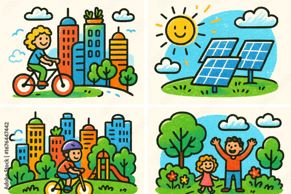 Fototapeta premium Colorful doodle icons of a futuristic city with children and solar energy