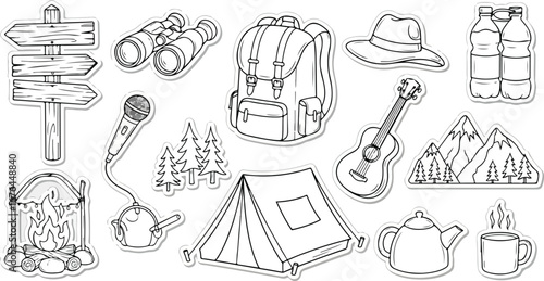 Collection of hand drawn camping and outdoor adventure gear illustrations