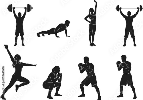Fitness workout silhouette set, gym training vector, cardio, boxing, stretching, weightlifting, squat, push-up, dance exercise, active lifestyle, black icons